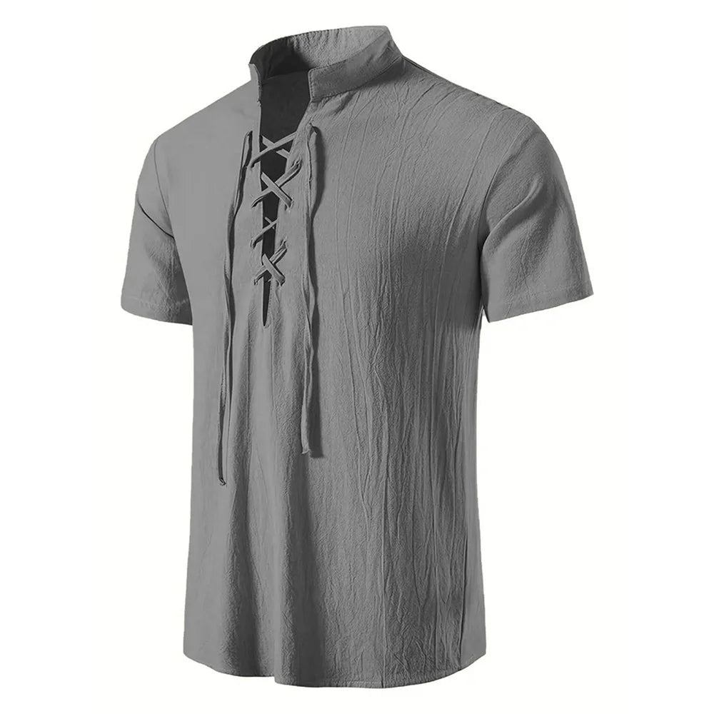 Noxwear - Men's Retro Shirt Short Sleeve Cotton Linen Lightweight Breathable Solid Color Fashion Tops Pirate V-neck Male Stylish Shirs