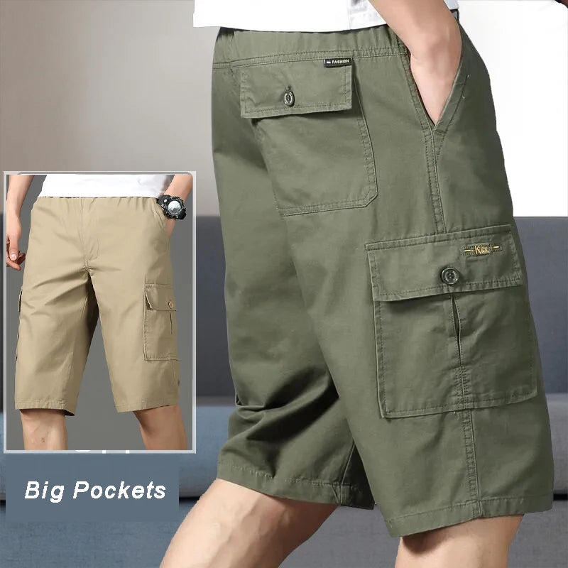 Noxwear - Mens Cargo Shorts Knee Pants Zipper Pocket Summer Cotton Shorts Climbing Jogger Elastic Waist Sports Wear