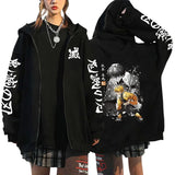 Noxwear Anime Hoodies in black with white sleeve and chest logo print, featuring zip‑up front for comfort and large colorful back graphic with cartoon‑style characters for bold streetwear style.